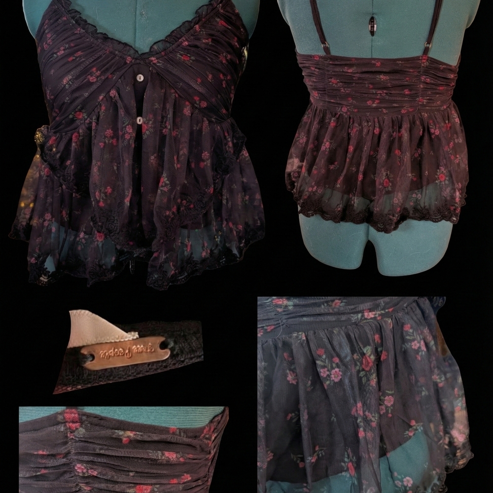 Free People Floral Lace Tank Top - Black and Pink